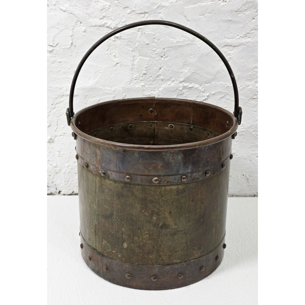 Victorian Era Riveted Large Copper And Brass Bucket Antique With Natural Patina